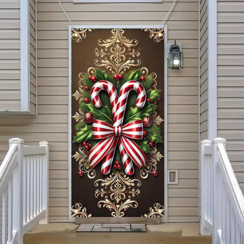 Saoplasa Christmas Door Cover Candy Cane Bow Banner 71 x 35 Inch Holiday Peppermint Stripe Wall Hanging with Holly Leaves Ornaments for Winter Wonderland Xmas Front Door Decor Photo Backdrop - Image 2